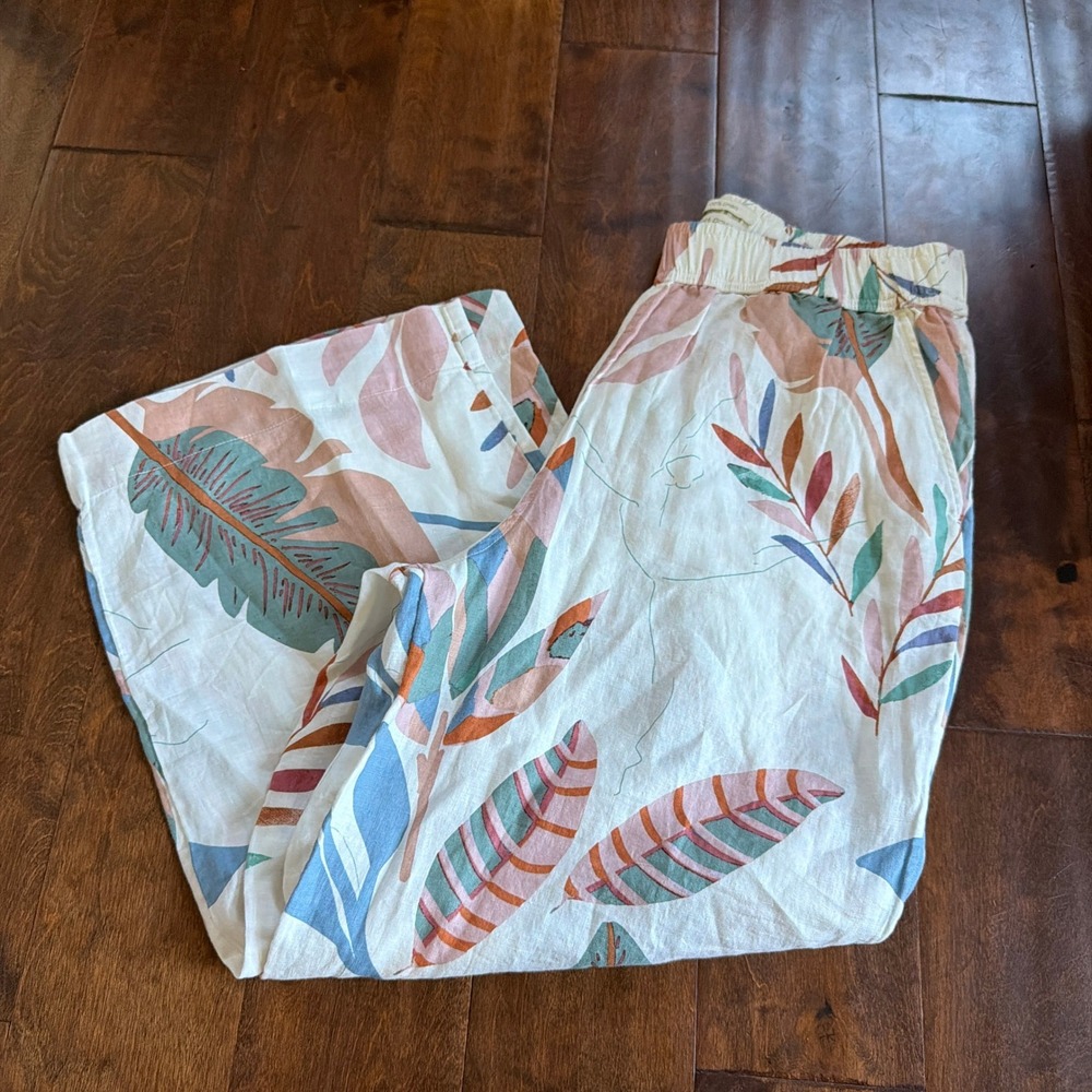 Cynthia Rowley Women Large 100% Linen Tropical Leaf Print Wide Leg Pants White